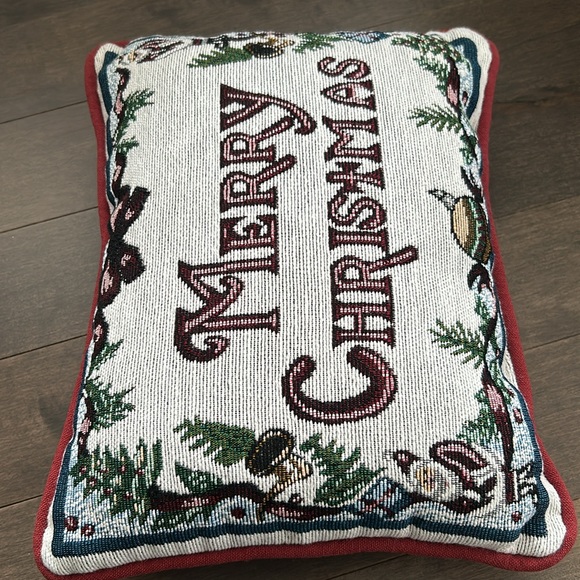 Vintage Burgundy Merry Christmas Pillow, Holiday Cushion, Embroidered Sofa Decor - Picture 5 of 7